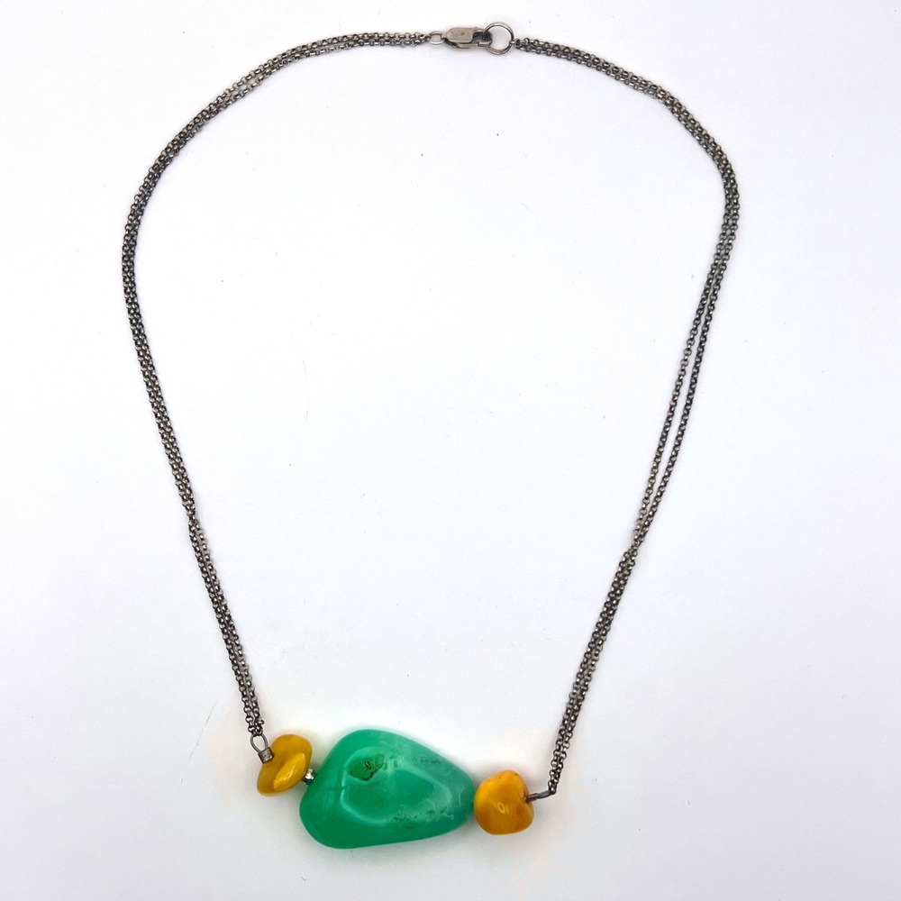 Sterling Silver‎ 925 Green Chrysoprase & Egg Yolk Amber Necklace Artisan Pendant
